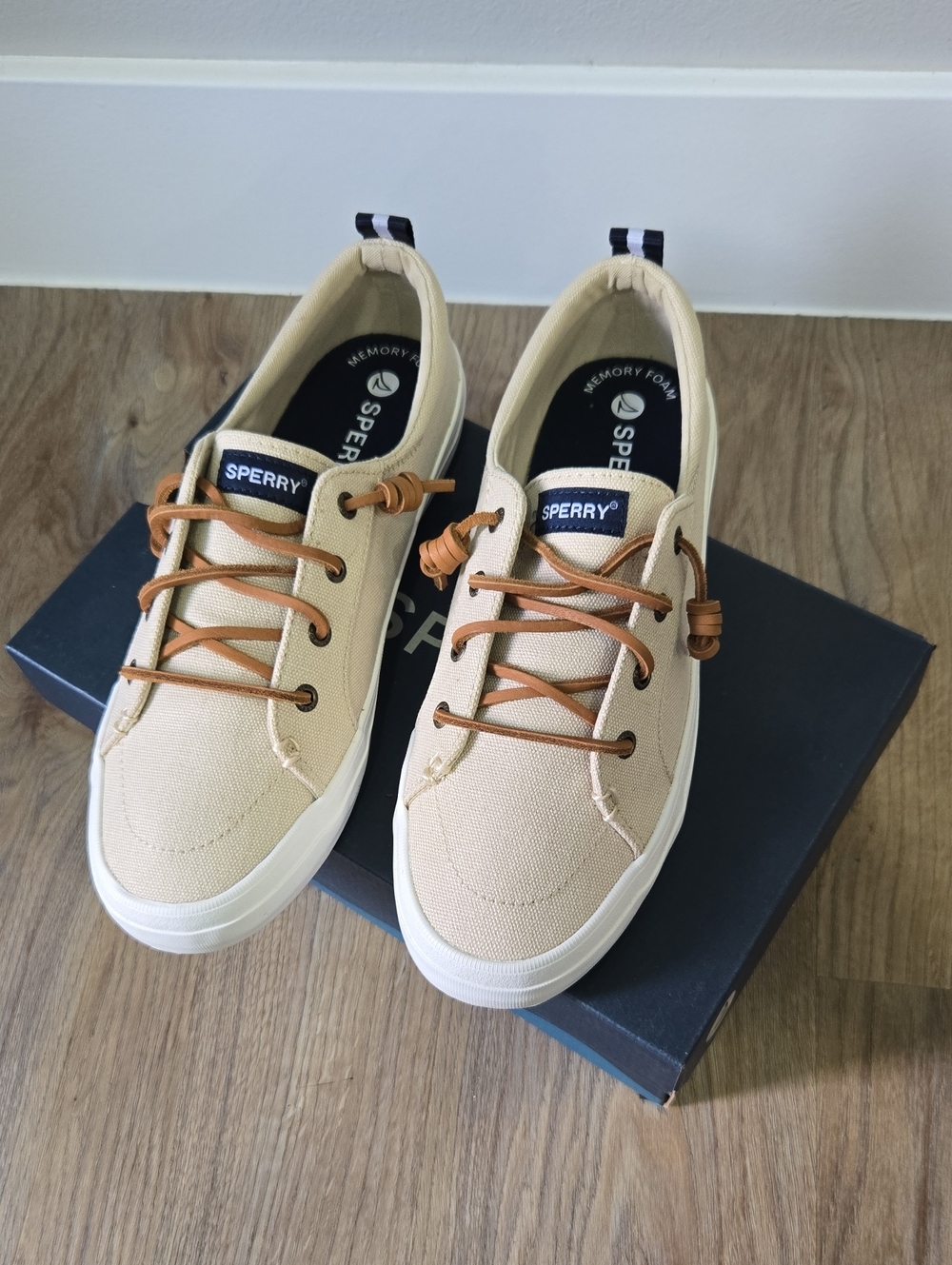 Sperry Women’s Beige Canvas Boat Sneakers with Brown Laces